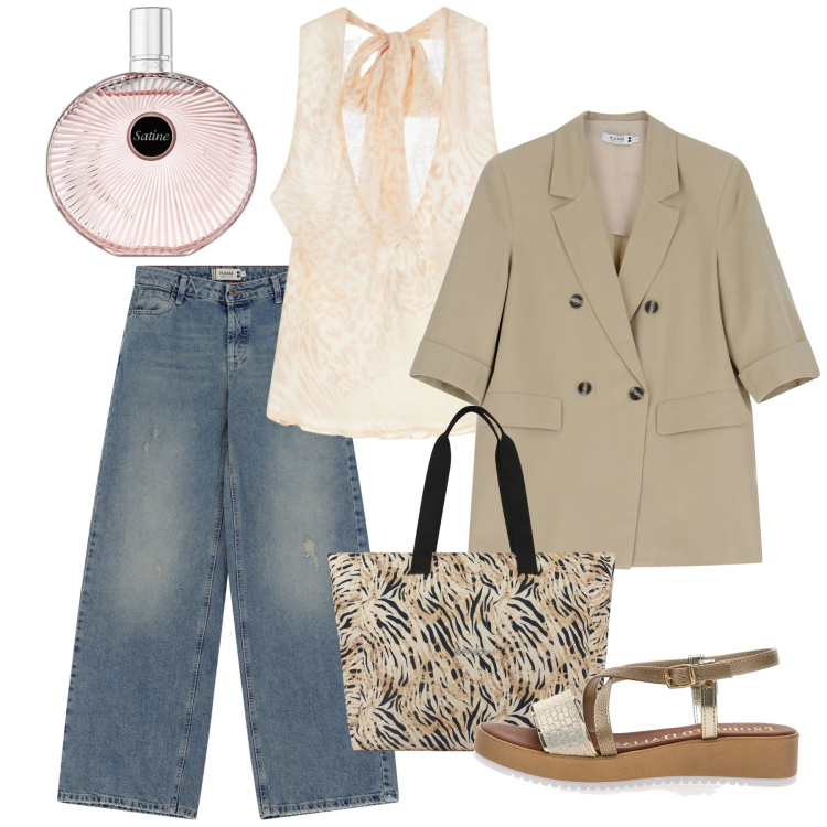 Outfit donna - Agosto. Stile Casual chic per Tutti i giorni. Abbinamento con profumi, jeans, blazer, top, shopping bag, sandali.