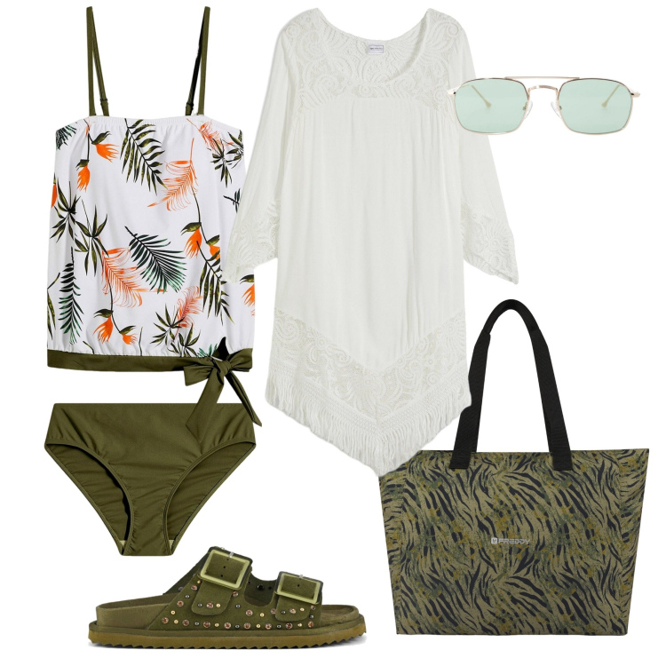 Outfit donna - Al mare 5. Stile Basic per Mare. Abbinamento con costumi interi, vestiti da spiaggia, occhiali da sole, shopping bag, sandali.