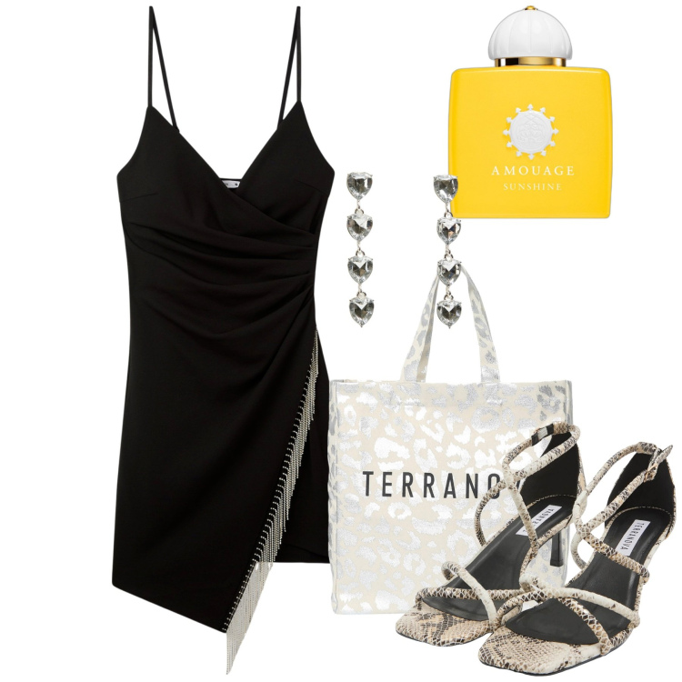 Outfit donna - Serata. Stile Chic per Serata fuori. Abbinamento con profumi, sandali col tacco, borse tote, orecchini, vestiti corti.