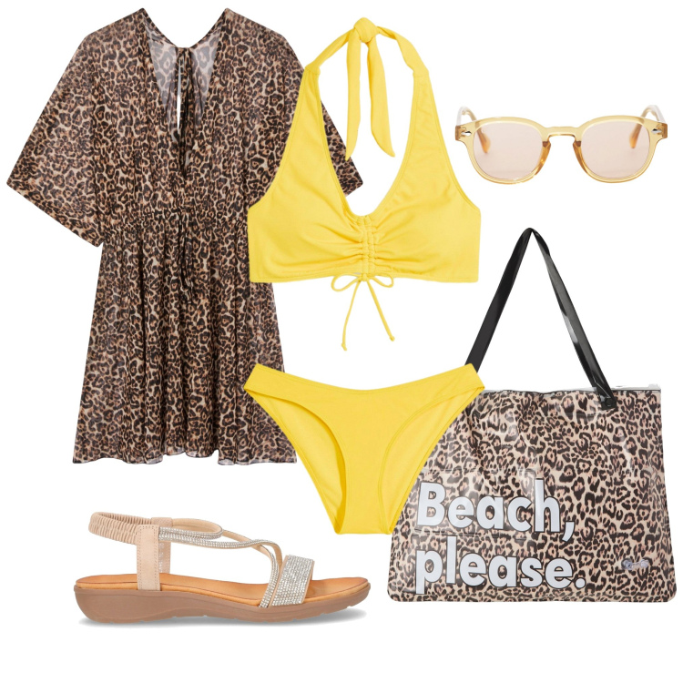 Outfit donna - Al mare 6. Stile Basic per Mare. Abbinamento con bikini, borse tote, vestiti da spiaggia, occhiali da sole, sandali in pelle.