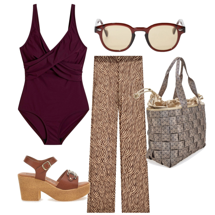 Outfit donna - Al mare 7. Stile Basic per Mare. Abbinamento con costumi interi, vestiti da spiaggia, occhiali da sole, sandali col tacco, borse a spalla.
