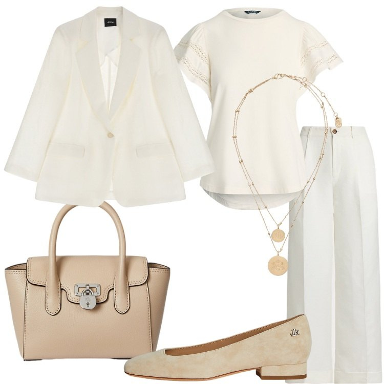 Outfit donna - Tailoring sotto il sole. Stile Minimal per Ufficio. Abbinamento con blazer, t-shirt, borse a mano, ciondoli, pantaloni, ballerine.