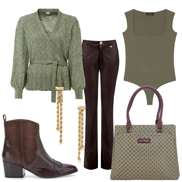 Outfit donna - Inverno in arrivo. Stile Trendy per Tutti i giorni. Abbinamento con maglieria, pantaloni, body, orecchini, stivaletti texani, borse a spalla.