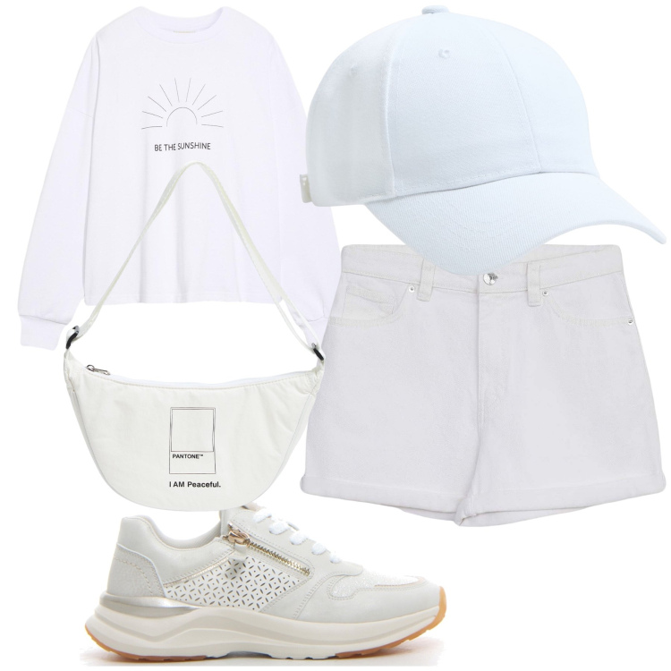 Outfit donna - Bianco sportivo. Stile Casual per Tutti i giorni. Abbinamento con felpe, cappelli, marsupi, shorts, sneakers.