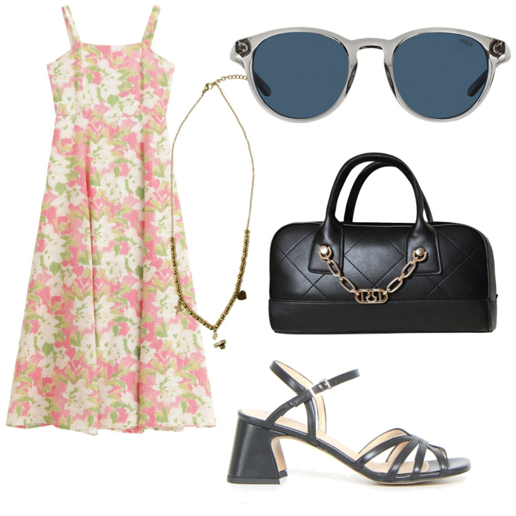 Outfit donna - Floreale. Stile Boho per Tutti i giorni. Abbinamento con borse a mano, vestiti lunghi, ciondoli, occhiali da sole, sandali col tacco.