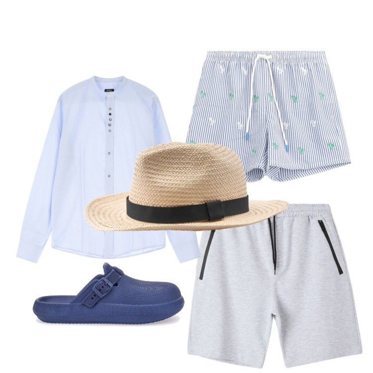Outfit uomo - Trendy al mare. Stile Trendy per Mare. Abbinamento con bermuda, camicie, costumi, sandali, cappelli.