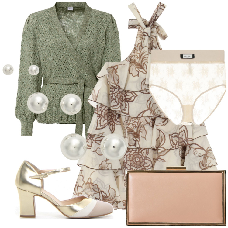 Outfit donna - Il fresco serale. Stile Bon Ton per Serata fuori. Abbinamento con maglieria, pochette, vestiti corti, slip, orecchini, sandali col tacco.