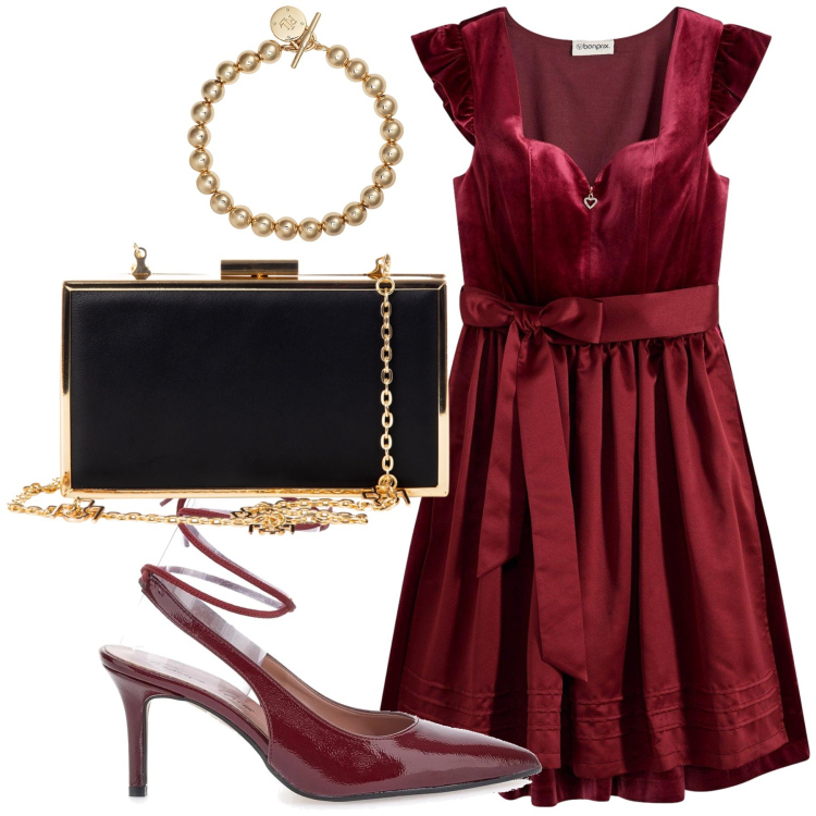 Outfit donna - Ristorante chic sotto le stelle. Stile Glamour per Serata fuori. Abbinamento con vestiti, pochette, braccialetti, décolleté.