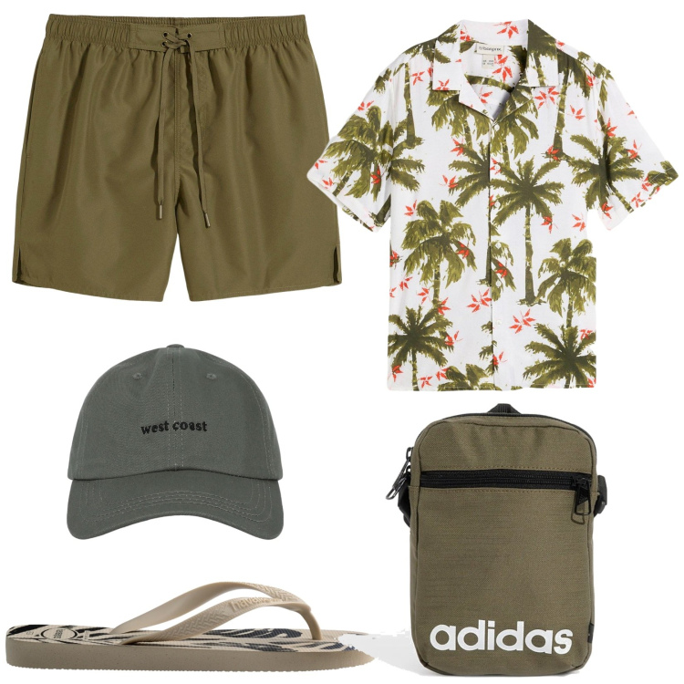 Outfit uomo - Costume da bagno. Stile Trendy per Mare. Abbinamento con pantaloni corti, camicie a manica corta, cappelli con visiera, sandali, borse sportive.