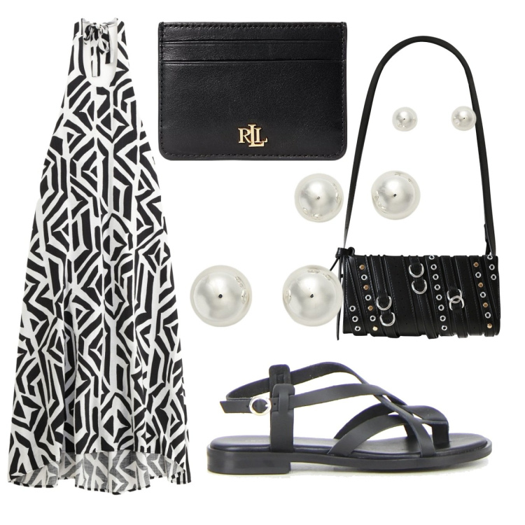 Outfit donna - Vacanze in relax. Stile Minimal per Mare. Abbinamento con borse a spalla, vestiti lunghi, orecchini, portafogli, sandali.