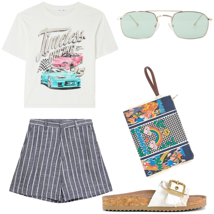 Outfit donna - La t-shirt con stampa. Stile Basic per Tutti i giorni. Abbinamento con t-shirt, bermuda, occhiali da sole, sandali, pochette.