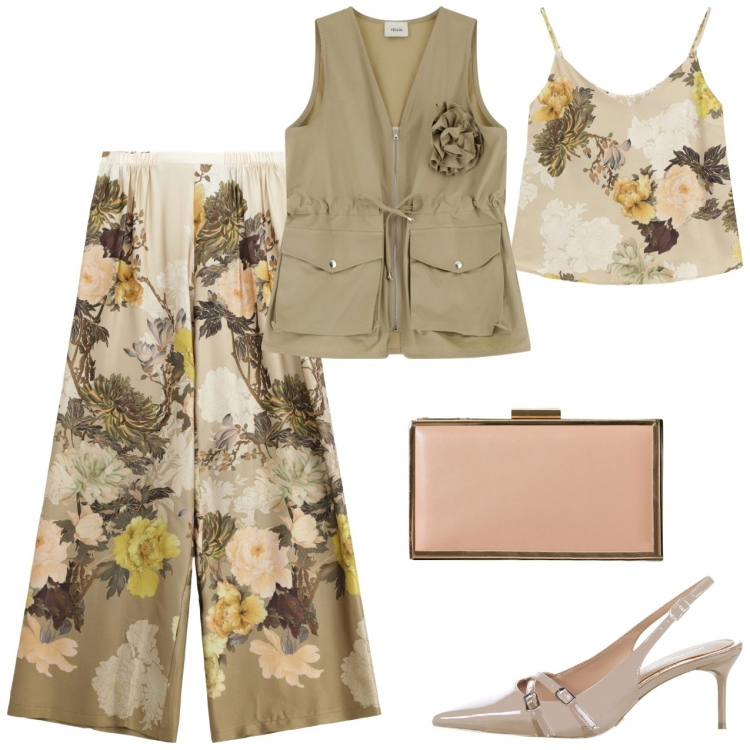 Outfit donna - Completo fiori e gilet. Stile Casual chic per Cerimonia. Abbinamento con pochette, décolleté, pantaloni a palazzo, top, gilet.