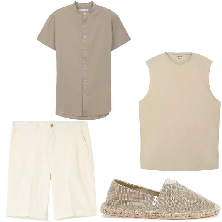 Outfit uomo - Neutro. Stile Casual per Tutti i giorni. Abbinamento con bermuda, canottiere, camicie a manica corta, espadrillas.