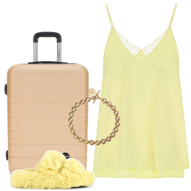 Outfit donna - Giallo in pole position. Stile Glamour per Mare. Abbinamento con vestiti corti, braccialetti, ciabatte, valigie.