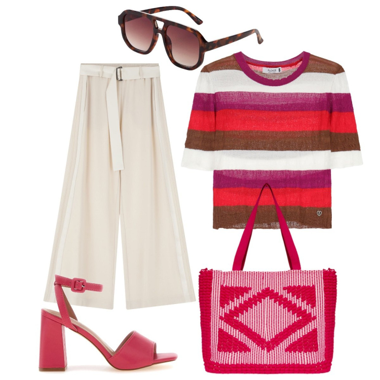Outfit donna - In città. Stile Glamour per Tutti i giorni. Abbinamento con occhiali da sole, maglieria, pantaloni, sandali col tacco, borse a mano.