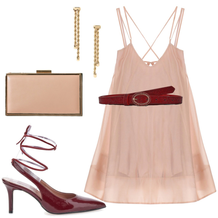 Outfit donna - Charme senza tempo. Stile Chic per Serata fuori. Abbinamento con cinture, pochette, vestiti corti, orecchini, décolleté.