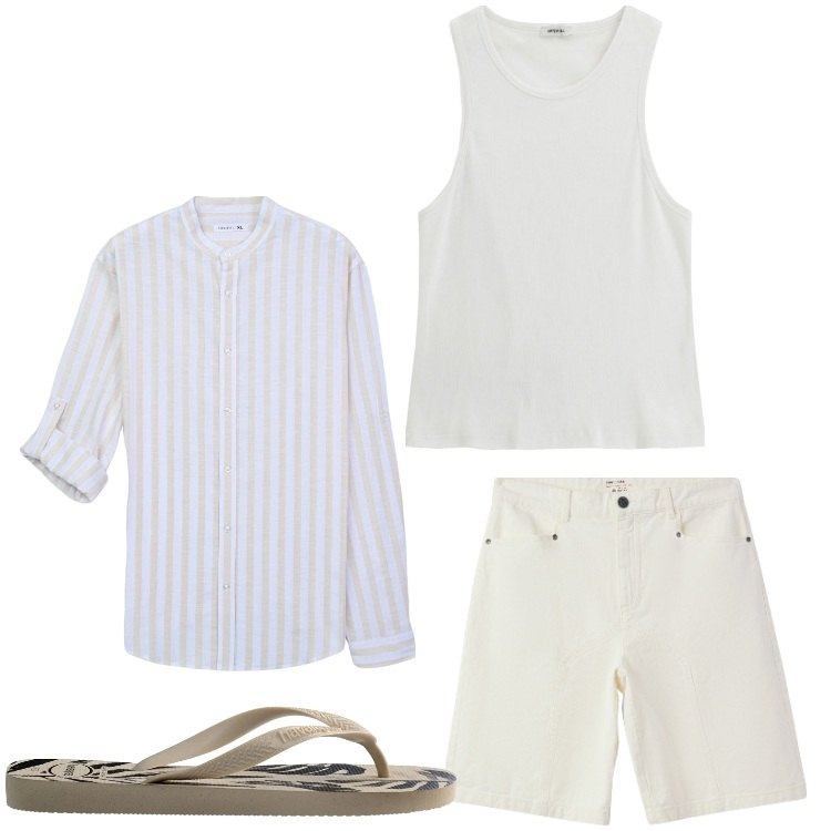 Outfit uomo - Trendy da spiaggia. Stile Casual per Mare. Abbinamento con camicie, bermuda, canottiere, sandali.
