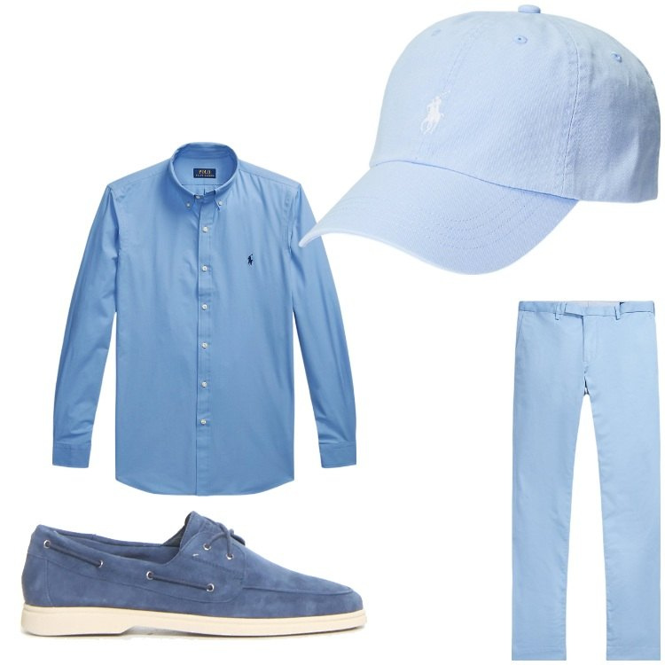 Outfit uomo - Come le onde del mare. Stile Business/Elegante per Ufficio. Abbinamento con cappelli, camicie, pantaloni chino, scarpe stringate.