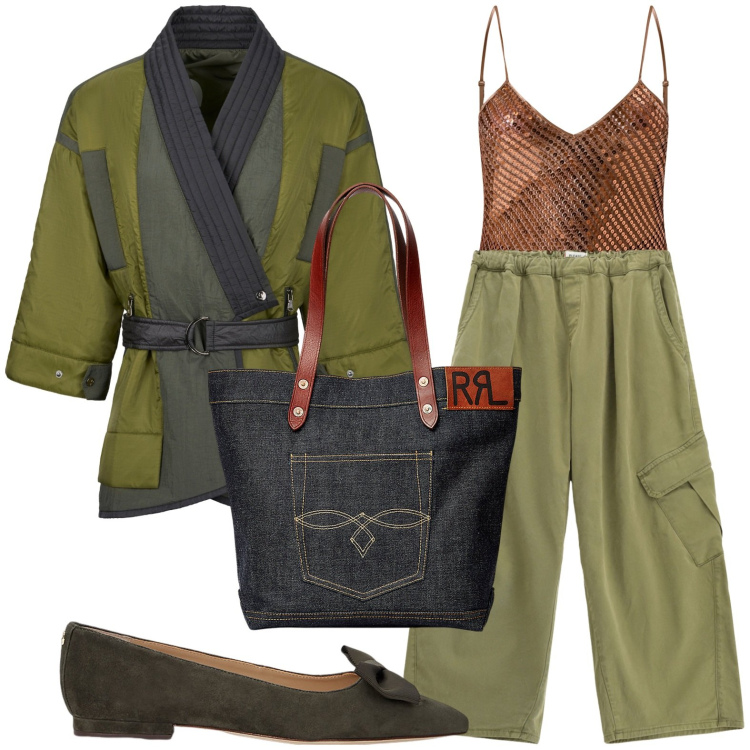 Outfit donna - La giacca chimono. Stile Minimal per Ufficio. Abbinamento con canottiere, pantaloni cargo, borse tote, ballerine, kimono.