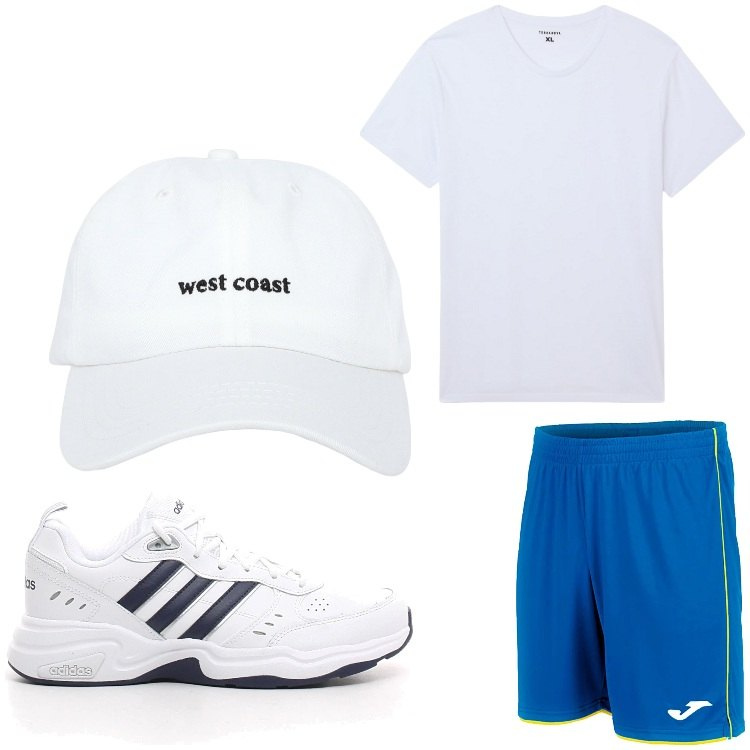 Outfit uomo - Run. Stile Casual per Sport. Abbinamento con t-shirt, cappelli, pantaloni corti, sneakers.