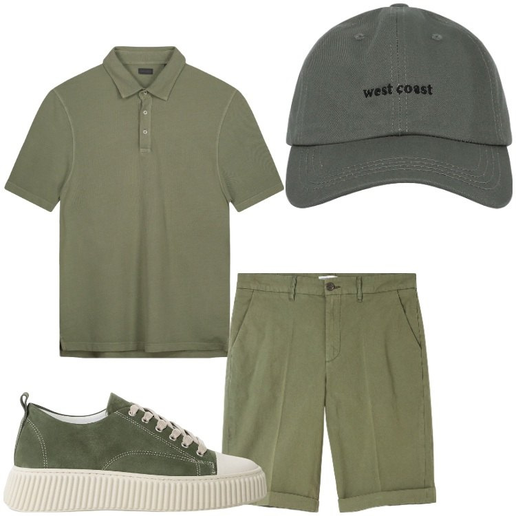 Outfit uomo - Il verde del bosco. Stile Casual per Tutti i giorni. Abbinamento con bermuda, cappelli con visiera, sneakers, polo.