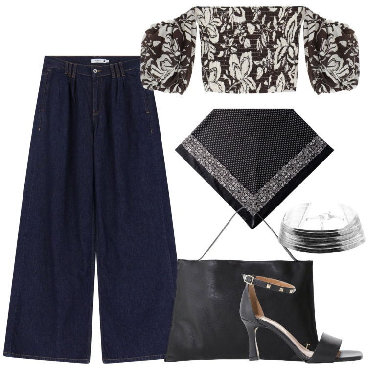 Outfit donna - Denim e blusa per il giorno. Stile Urban per Tutti i giorni. Abbinamento con jeans, bluse, sandali col tacco, borse a spalla, braccialetti, foulard.