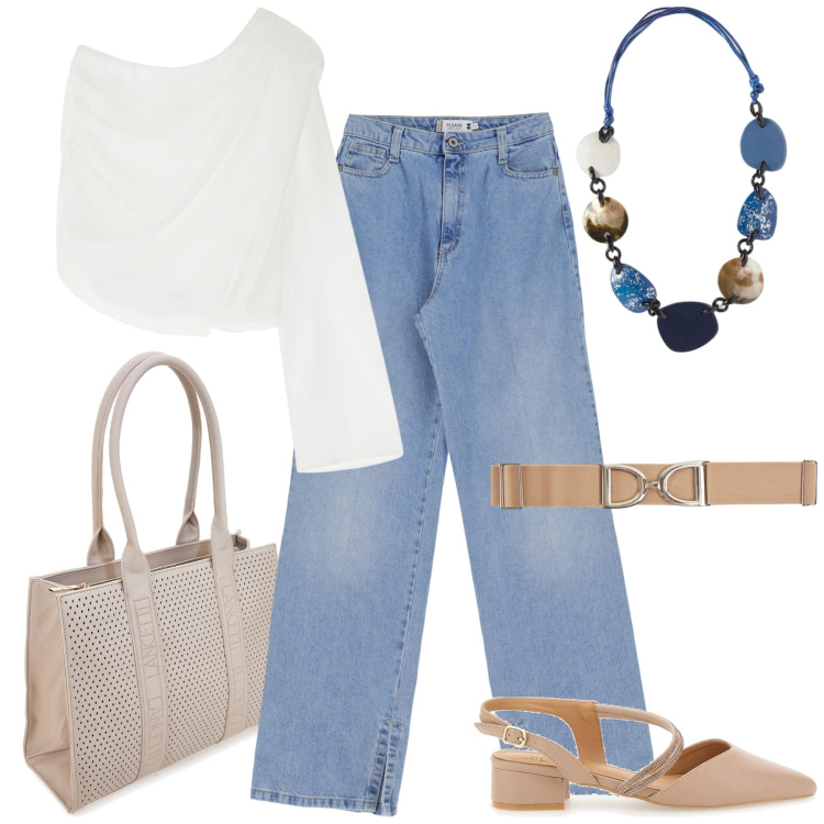 Outfit donna - Denim e bluse per il giorno. Stile Urban per Tutti i giorni. Abbinamento con cinture, jeans, bluse, décolleté, borse a spalla, collane.