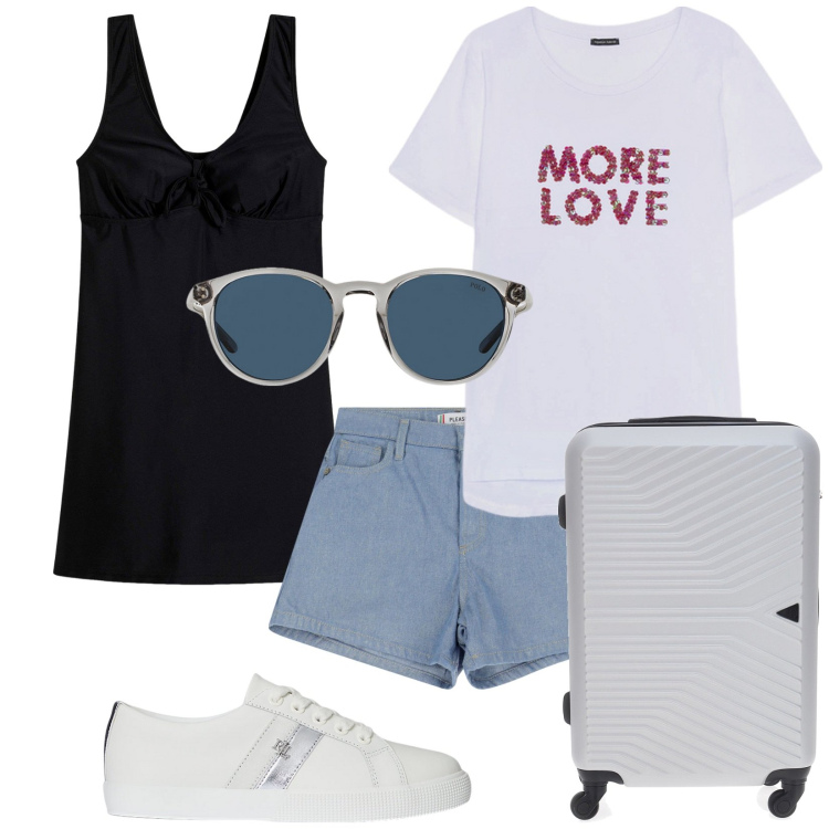 Outfit donna - Costume coprente. Stile Basic per Mare. Abbinamento con vestiti da spiaggia, shorts, occhiali da sole, sneakers, t-shirt, valigie.