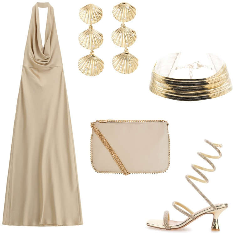 Outfit donna - Serata elegante. Stile Chic per Serata fuori. Abbinamento con borse a tracolla, orecchini, vestiti lunghi, braccialetti, sandali gioiello.
