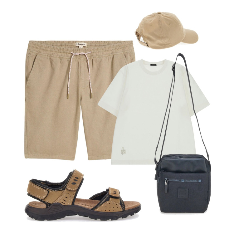 Outfit uomo - In viaggio!. Stile Casual per Mare. Abbinamento con bermuda, t-shirt, portafogli, cappelli, sandali.