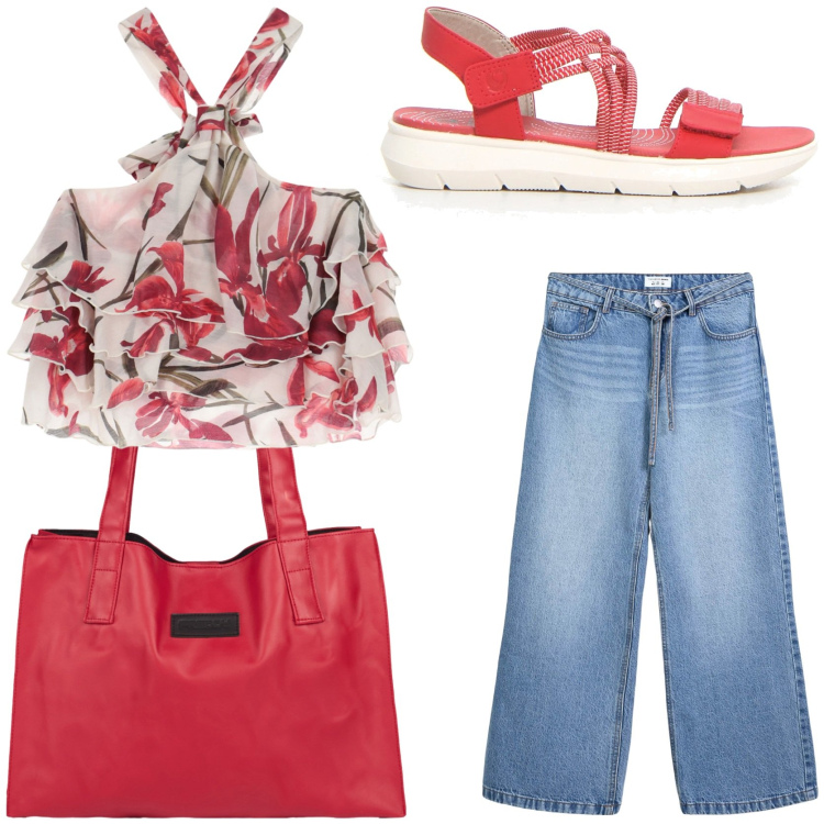 Outfit donna - Jeans con brio. Stile Chic per Tutti i giorni. Abbinamento con jeans, canottiere, shopping bag, sandali.