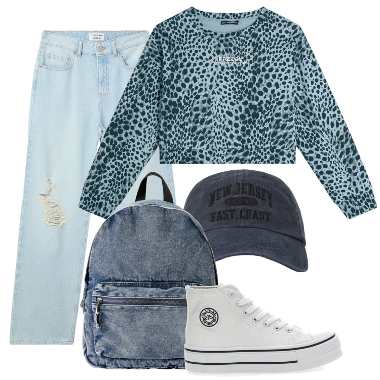 Outfit donna - Back to.... Stile Basic per Scuola/Università. Abbinamento con jeans strappati, zaini, cappelli con visiera, felpe, sneakers.
