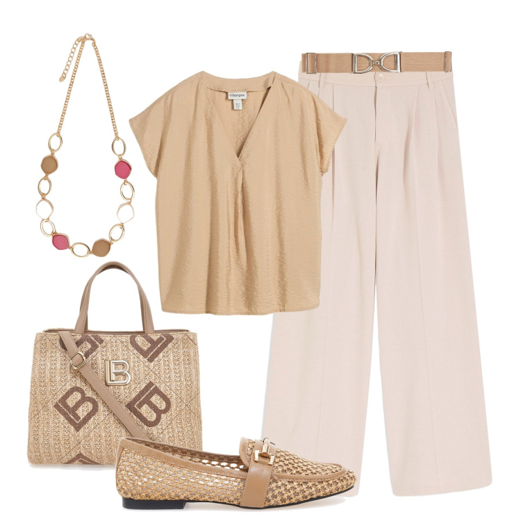 Outfit donna - I mocassini estivi. Stile Glamour per Ufficio. Abbinamento con pantaloni, tuniche, cinture, mocassini, collane, borse a tracolla.