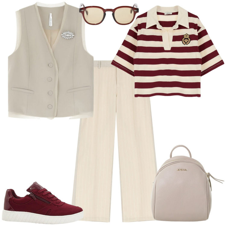 Outfit donna - Settembre. Stile Trendy per Tutti i giorni. Abbinamento con sneakers, pantaloni, occhiali da sole, gilet, zaini, t-shirt.