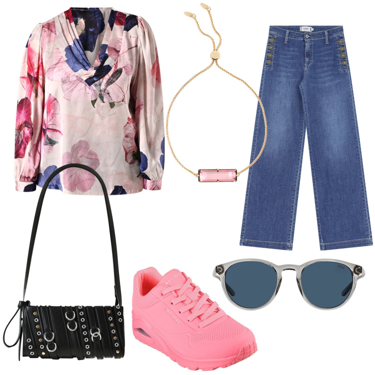 Outfit donna - La blusa a fiori. Stile Romantica per Tutti i giorni. Abbinamento con borse a spalla, bluse, jeans a zampa, occhiali da sole, braccialetti, sneakers.