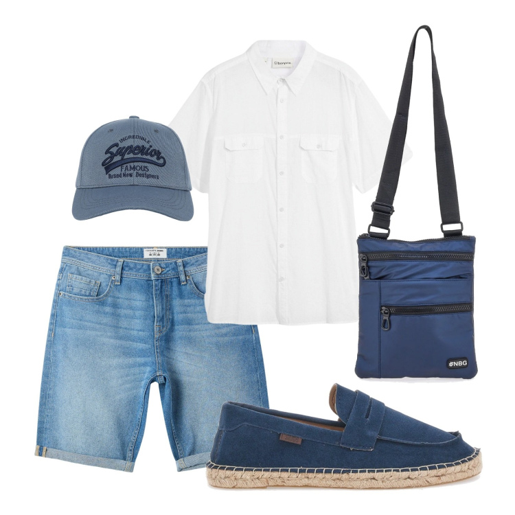 Outfit uomo - Viaggio in treno!. Stile Casual per Mare. Abbinamento con camicie a manica corta, cappelli con visiera, bermuda, borse sportive, espadrillas.