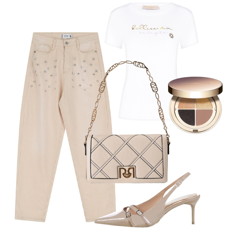 Outfit donna - Casual con strass e tacchi. Stile Casual chic per Serata fuori. Abbinamento con ombretti, t-shirt, borse a tracolla, décolleté, pantaloni.