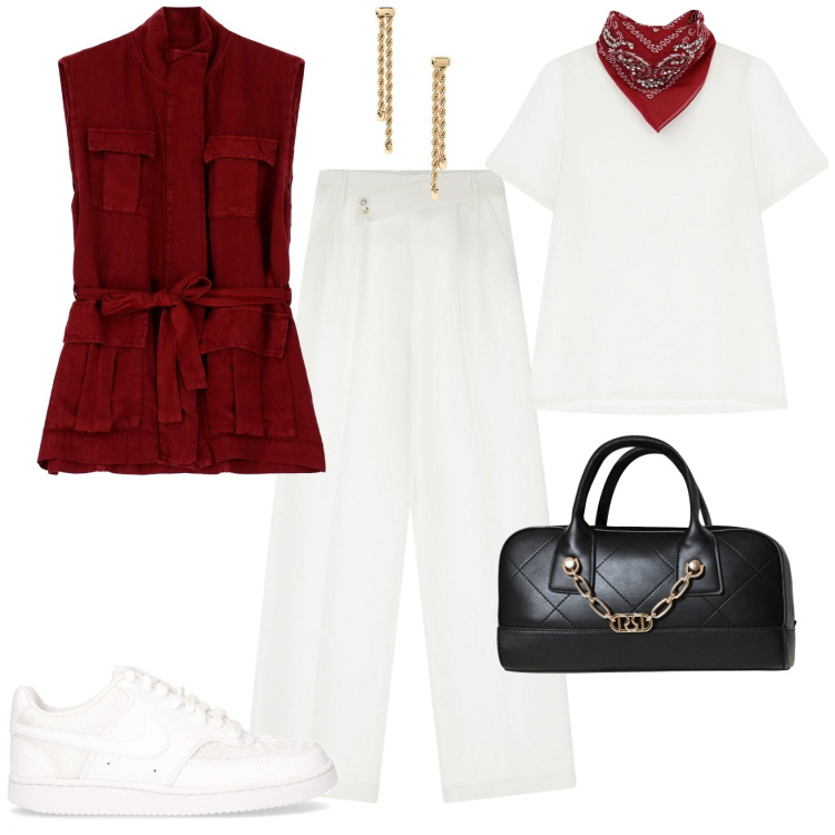 Outfit donna - Settembre. Stile Trendy per Tutti i giorni. Abbinamento con borse a mano, pantaloni a palazzo, gilet, t-shirt, orecchini, sneakers.