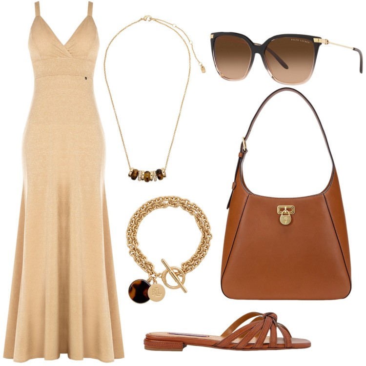 Outfit donna - Cena in riva al mare. Stile Casual chic per Mare. Abbinamento con vestiti lunghi, sandali in pelle, occhiali da sole, borse a spalla, collane, braccialetti con ciondoli.