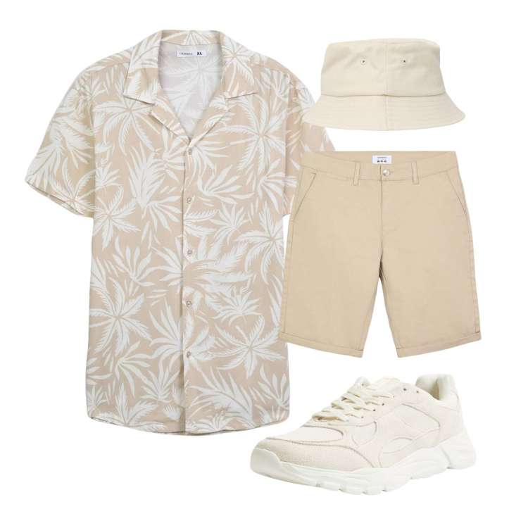 Outfit uomo - Camicia Hawaiana!. Stile Casual per Mare. Abbinamento con cappelli, bermuda, camicie a manica corta, sneakers.