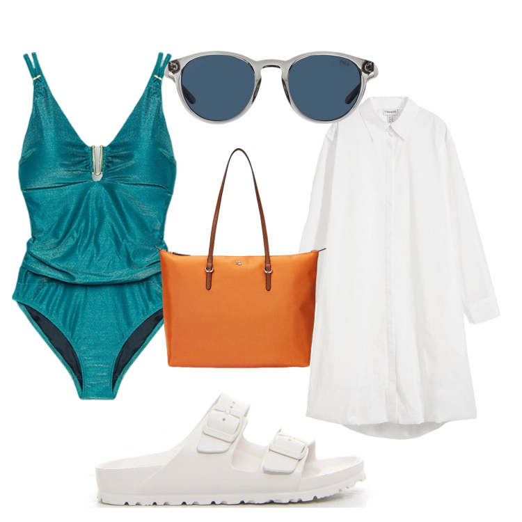 Outfit donna - Leggera in spiaggia. Stile Basic per Tutti i giorni. Abbinamento con vestiti chemisier, occhiali da sole, borse tote, costumi interi, ciabatte.