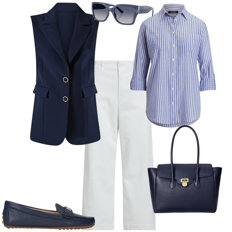 Outfit donna - Settembre. Stile Trendy per Tutti i giorni. Abbinamento con gilet, camicie, pantaloni, mocassini, occhiali da sole, borse a mano.