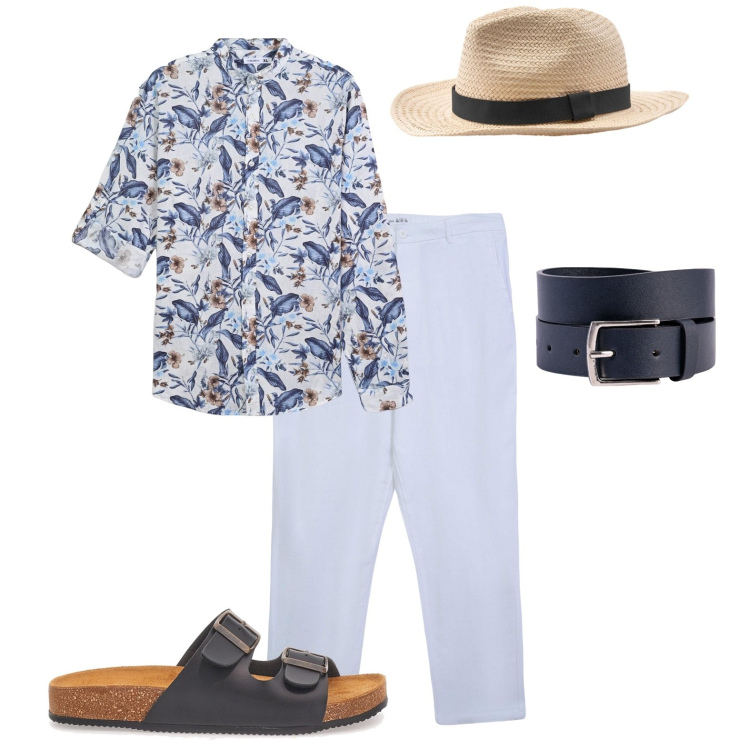 Outfit uomo - Pronto per il mare. Stile Casual per Serata speciale. Abbinamento con camicie, pantaloni chino, cinture, sandali, cappelli.