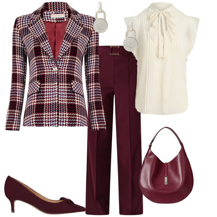 Outfit donna - Autunno. Stile Chic per Tutti i giorni. Abbinamento con pantaloni, blazer, borse a spalla, décolleté, orecchini, camicie a manica corta.