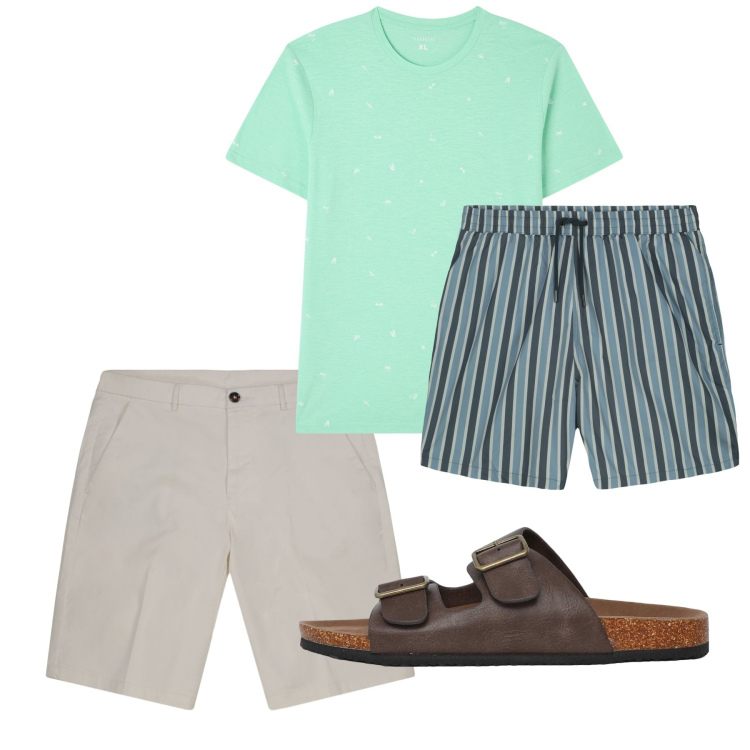 Outfit uomo - Agosto. Stile Casual per Mare. Abbinamento con t-shirt, sandali, bermuda, costumi.