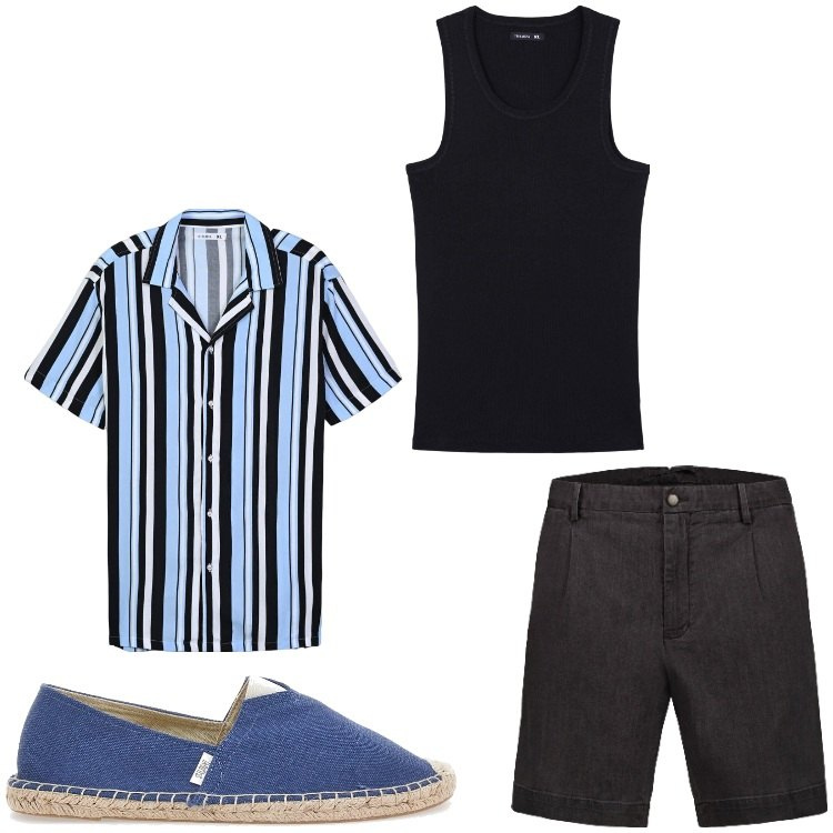 Outfit uomo - In riga. Stile Casual per Tutti i giorni. Abbinamento con camicie a manica corta, canottiere, espadrillas, bermuda.