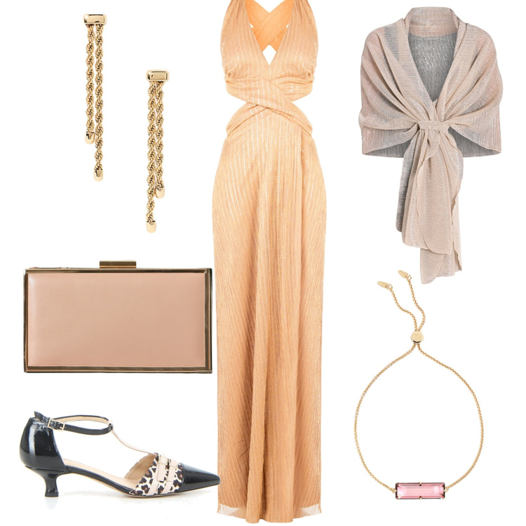 Outfit donna - Cena elegante al tramonto in riva al mar. Stile Chic per Serata fuori. Abbinamento con stole, pochette, vestiti lunghi, orecchini, braccialetti, sandali col tacco.