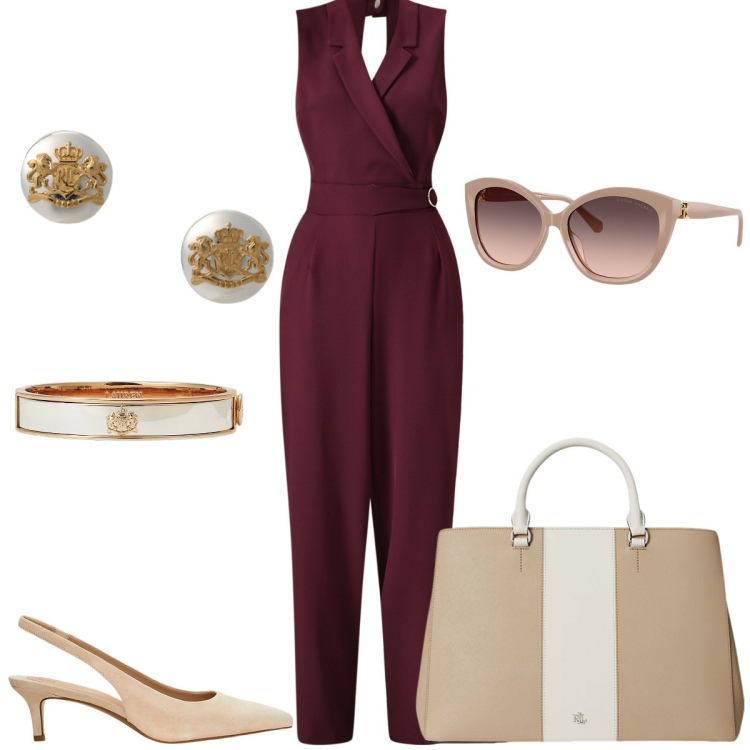 Outfit donna - Ufficio. Stile Chic per Ufficio. Abbinamento con tute, orecchini, braccialetti, décolleté, borse a mano, occhiali da sole.
