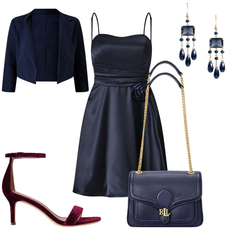 Outfit donna - Cerimonia in blue. Stile Glamour per Cerimonia. Abbinamento con vestiti corti, bolero, borse a spalla, sandali in pelle, orecchini.