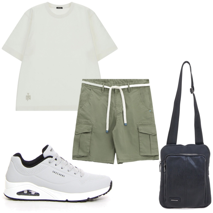 Outfit uomo - Visita al museo. Stile Urban per Tutti i giorni. Abbinamento con bermuda, t-shirt, portafogli, sneakers.